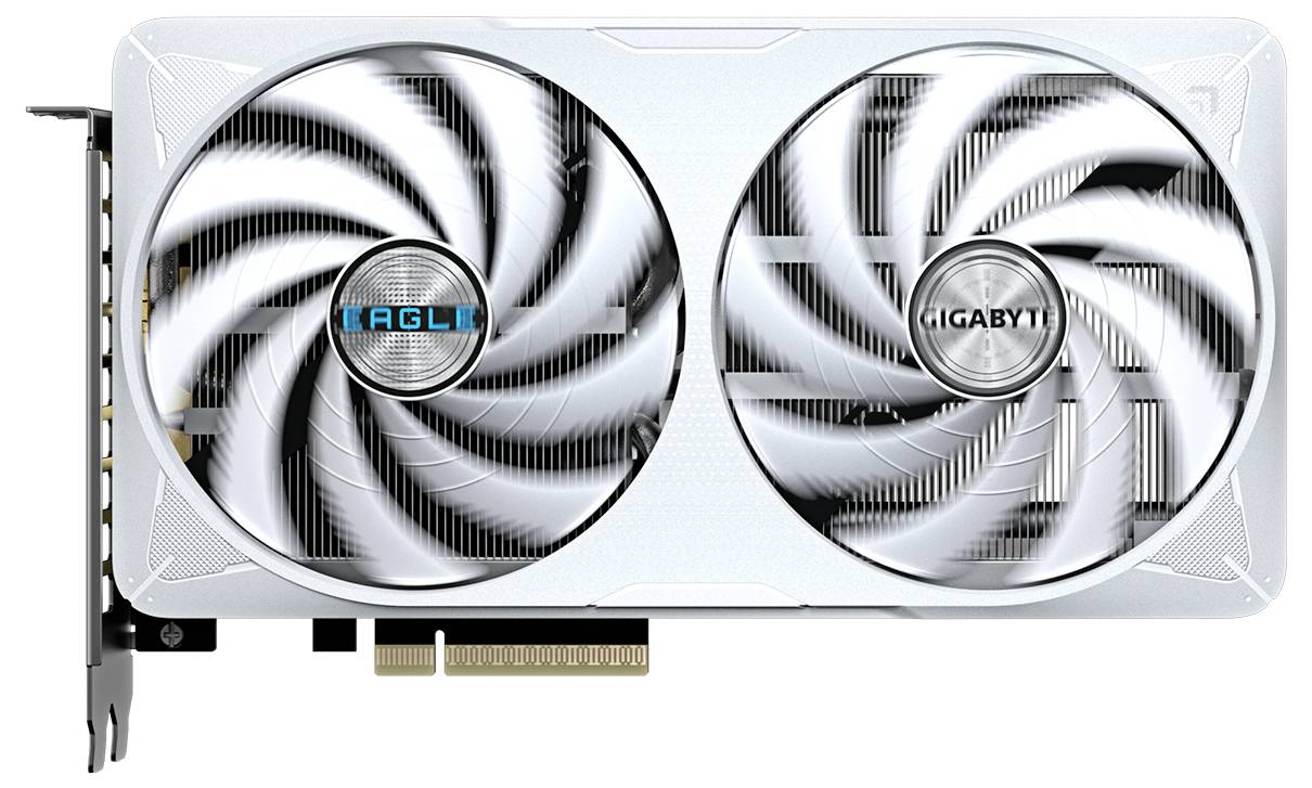 Bílá grafická karta se dvěma velkými ventilátory a logem 'GIGABYTE'.
