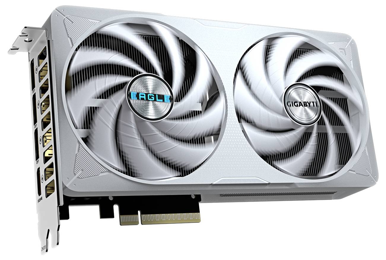 Grafická karta se dvěma velkými ventilátory a několika připojovacími možnostmi, vhodná pro výkonné počítačové aplikace.
