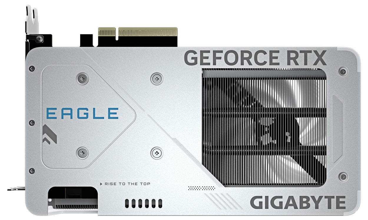 Grafická karta s nápisem 'Eagle', 'GEFORCE RTX' a 'GIGABYTE' na povrchu krytu a viditelným ventilátorem.