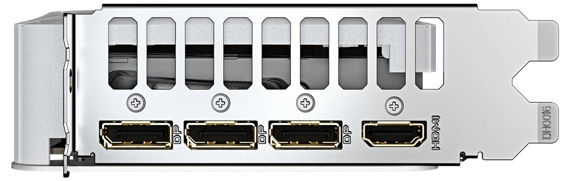 Zadní strana grafické karty s třemi porty DisplayPort a jedním portem HDMI, vhodná pro připojení několika monitorů.