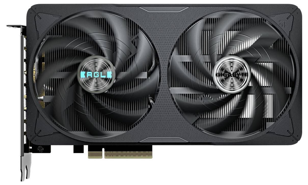 Grafická karta se dvěma velkými ventilátory, tmavý design, pro výkonné chlazení a zpracování grafiky.