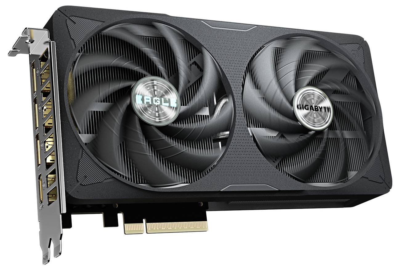 Černá grafická karta se dvěma velkými ventilátory. Má slot PCIe a několik připojovacích portů na straně.