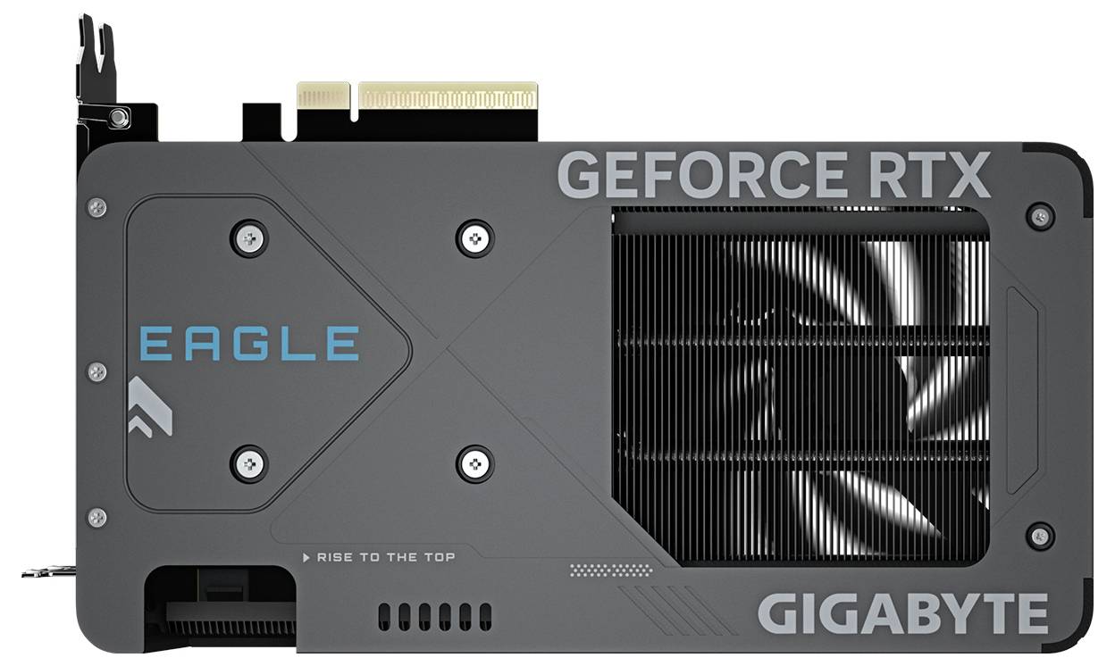 Grafická karta s nápisem 'GEFORCE RTX', viditelný ventilátor, značka 'GIGABYTE'. Design v šedé barvě s označením 'EAGLE'.
