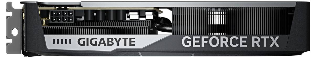 Grafická karta značky Gigabyte s nápisem 'GEFORCE RTX', jsou viditelné chladicí žebra a připojovací konektory na straně.