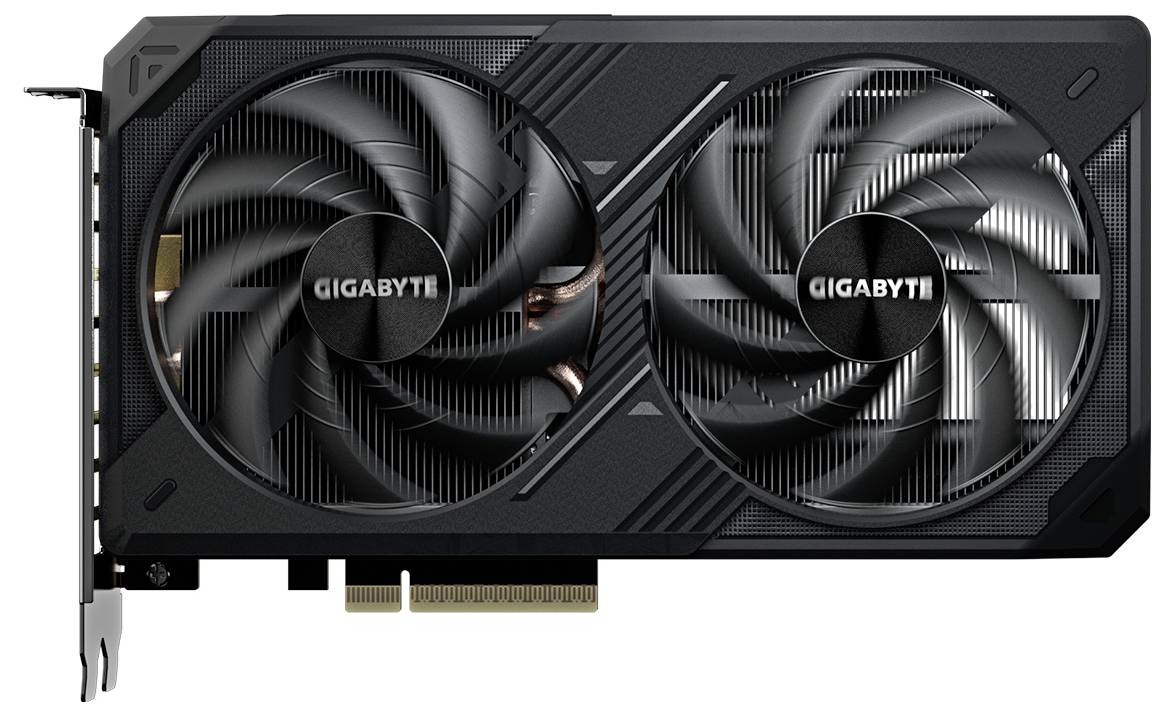 Grafická karta značky Gigabyte se dvěma ventilátory, černým tělem a konektorem PCIe, detail zblízka.