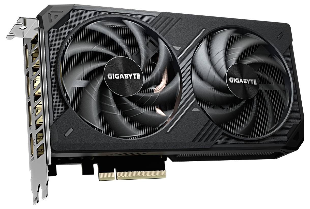 Grafická karta se dvěma ventilátory, černá, značka Gigabyte, zlaté konektory, vhodná pro výkonné počítačové aplikace.