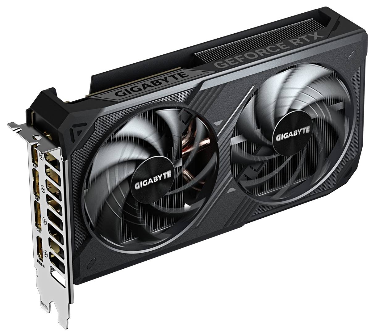 Grafická karta se dvěma velkými ventilátory, několik připojovacích možností po straně. Nápis 'GIGABYTE GEFORCE RTX'.