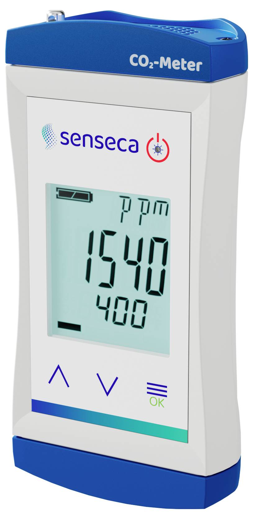 Digitální CO2 měřič zobrazující '1540 ppm' a '400' na displeji, s nápisem 'senseca' nahoře.