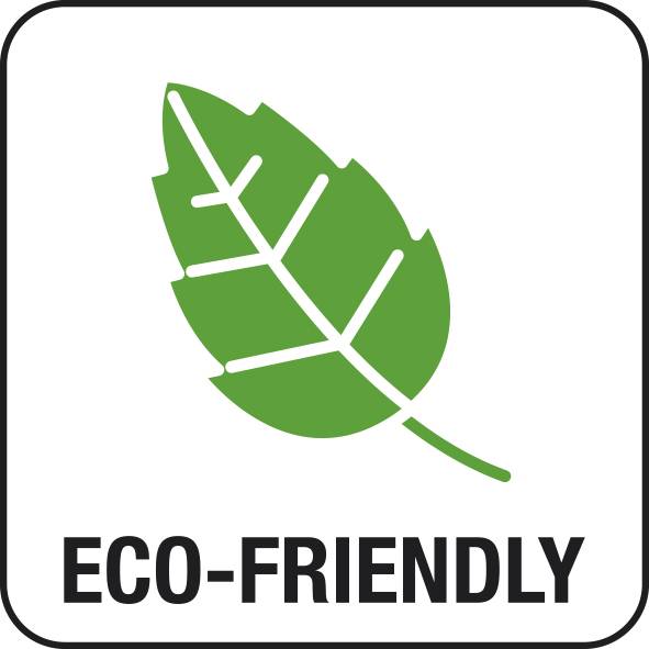 Zelená listová ikona s textem 'Šetrné k životnímu prostředí', symbolizuje ekologické produkty nebo postupy.