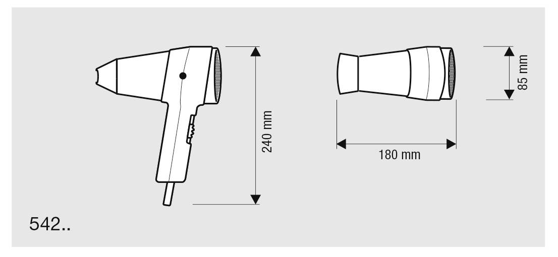 Obrázek fénu s rozměry: výška 240 mm, šířka 180 mm, hloubka 85 mm.