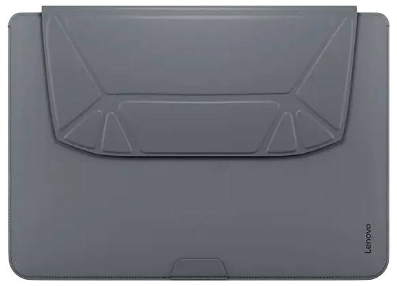 Šedý obal na notebook s designem skládaného krytu. Značka 'Lenovo' je vytištěna vpravo dole.