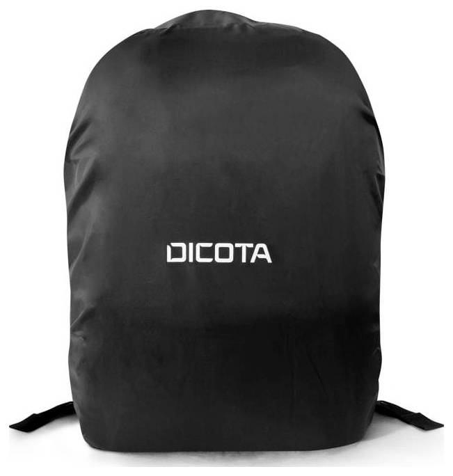 Černý batoh s bílým logem 'DICOTA' uprostřed. Jednoduché, moderní designové provedení.