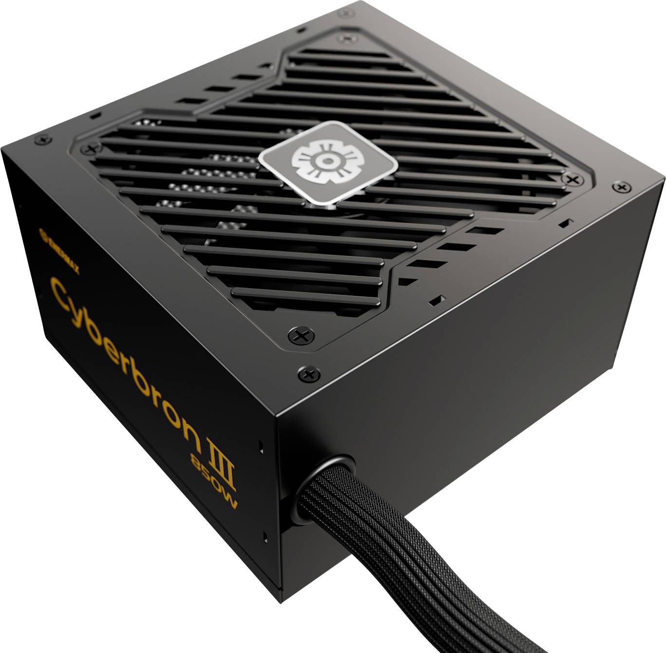 Černá napájecí jednotka počítače (PSU) označená štítkem 'Cyberbron III' s viditelným ventilátorem a připojenými kabely, určená pro instalaci hardwaru.