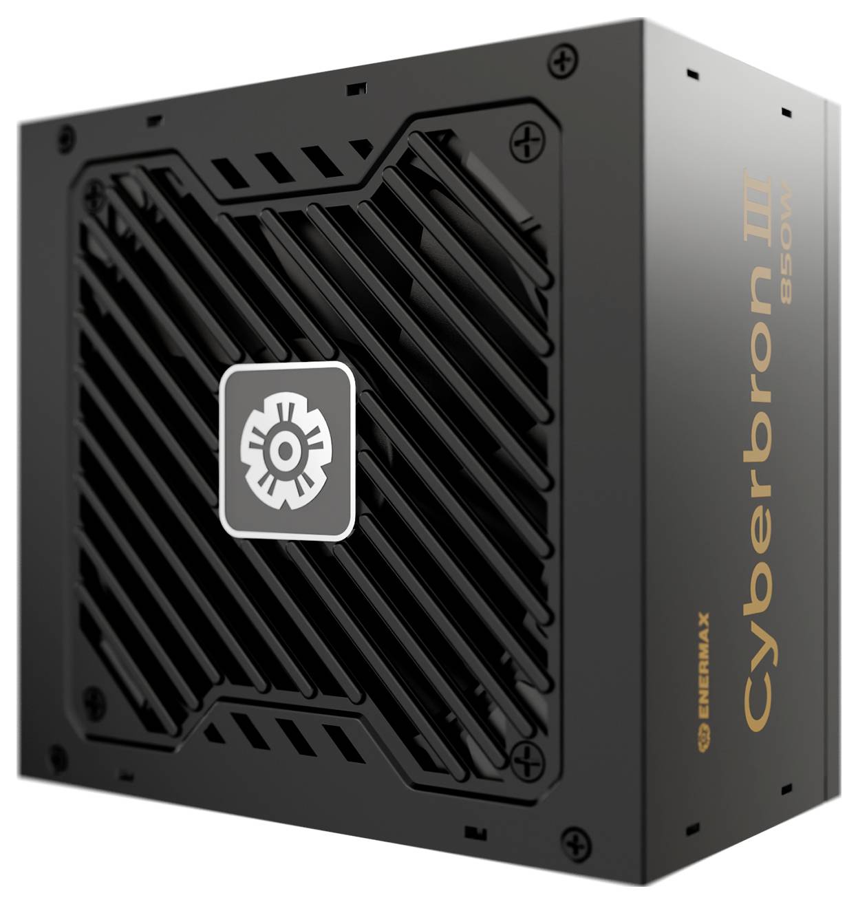 Napájecí zdroj Cyberbron III 850W od společnosti Enermax s černým designem, mřížkou chladicího ventilátoru a ikonovým logem na boku.