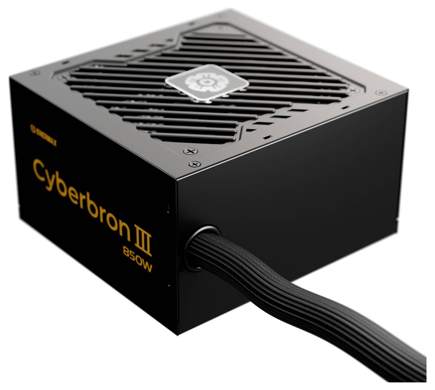 Napájecí zdroj 'Cyberbron III 850W' s černým opletaným kabelem, vybavený černým kovovým šasi a větracím otvorem na horní straně.