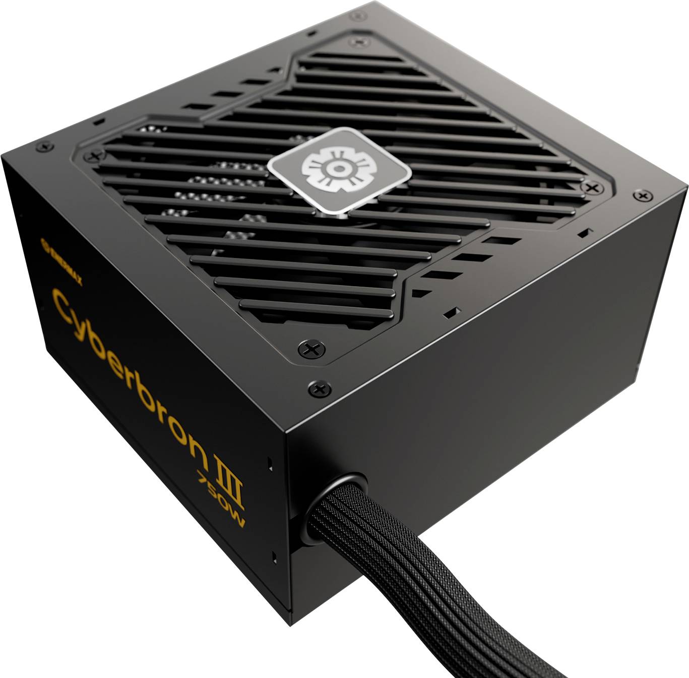 Černá jednotka napájecího zdroje počítače označená štítkem 'Cyberbron III 700W' s chladicím ventilátorem nahoře a kabelem vycházejícím z boku.