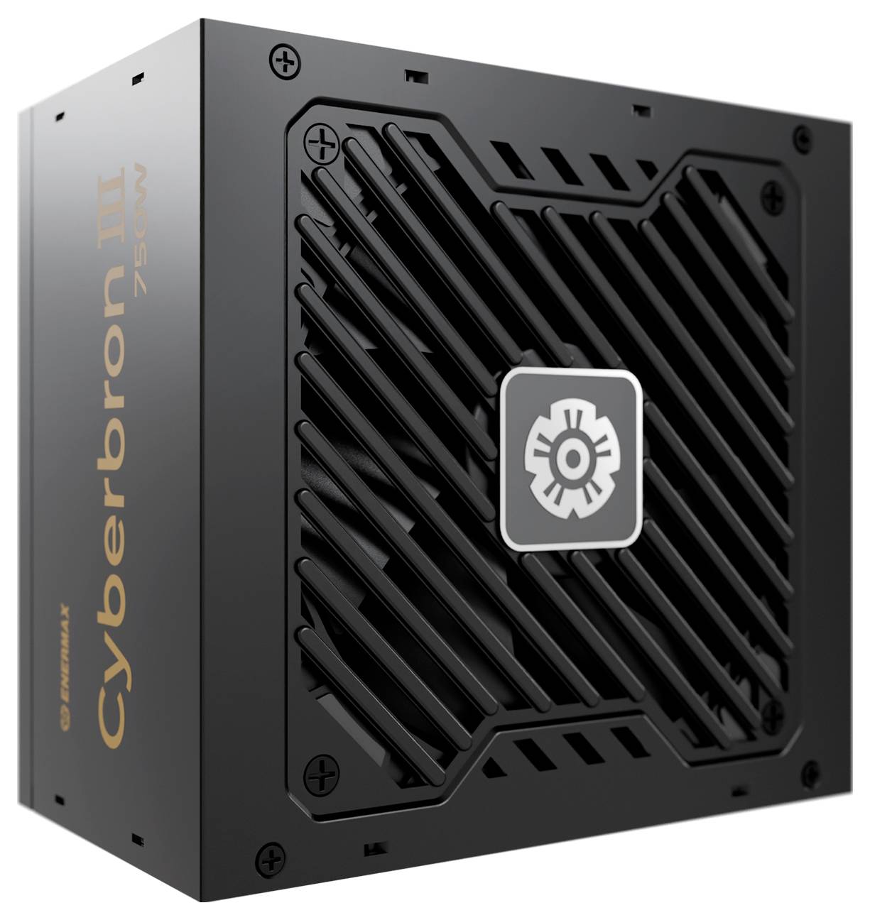 Detailní záběr černého napájecího zdroje počítače s označením 'Cyberbron III 750W' a logem na mřížce.