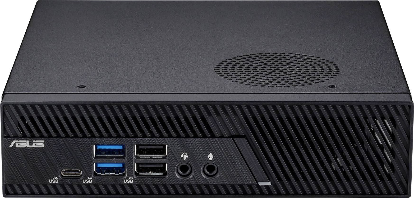 Malý černý počítač s několika USB porty a větracími mřížkami; označený logem 'ASUS'.