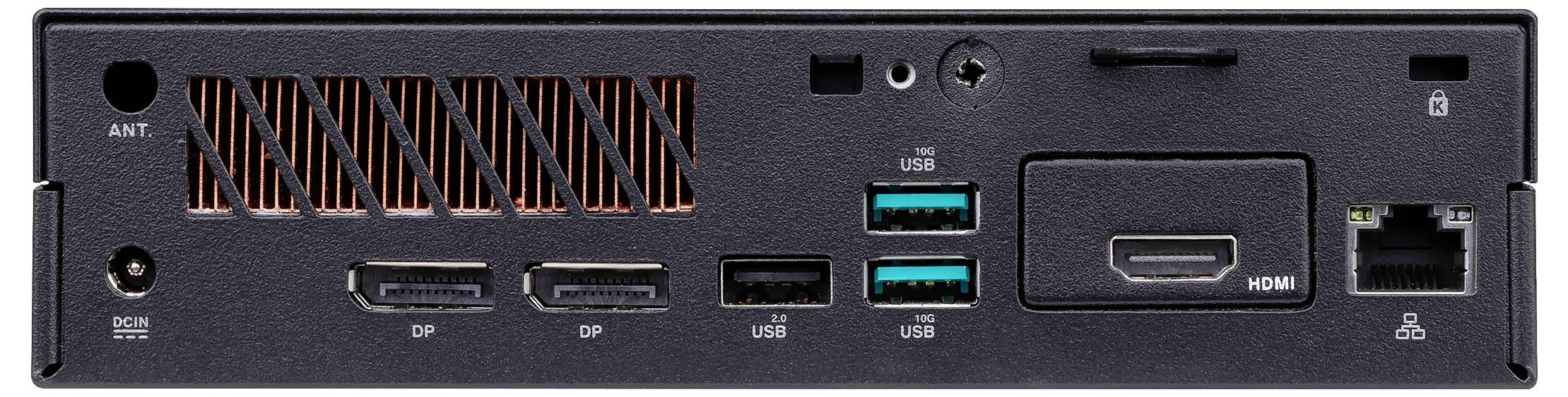 Zadní strana technického zařízení s přípojkami: anténní konektor, síťový vypínač, dva displayporty, dva USB porty, jeden HDMI port a ethernetový konektor.