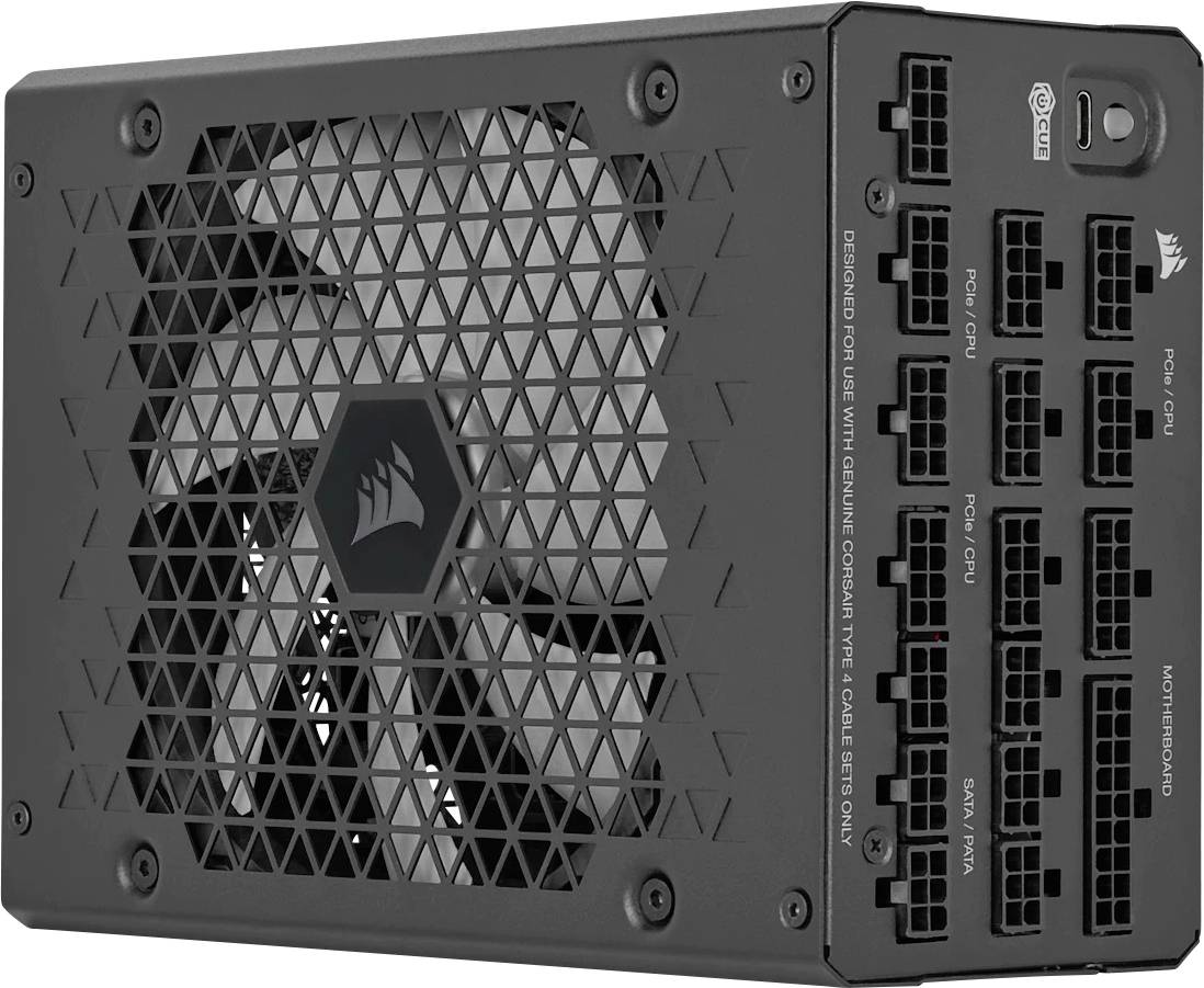 Černý počítačový zdroj s mřížkou ventilátoru a několika přípojnými zdířkami pro různé kabelové připojení.