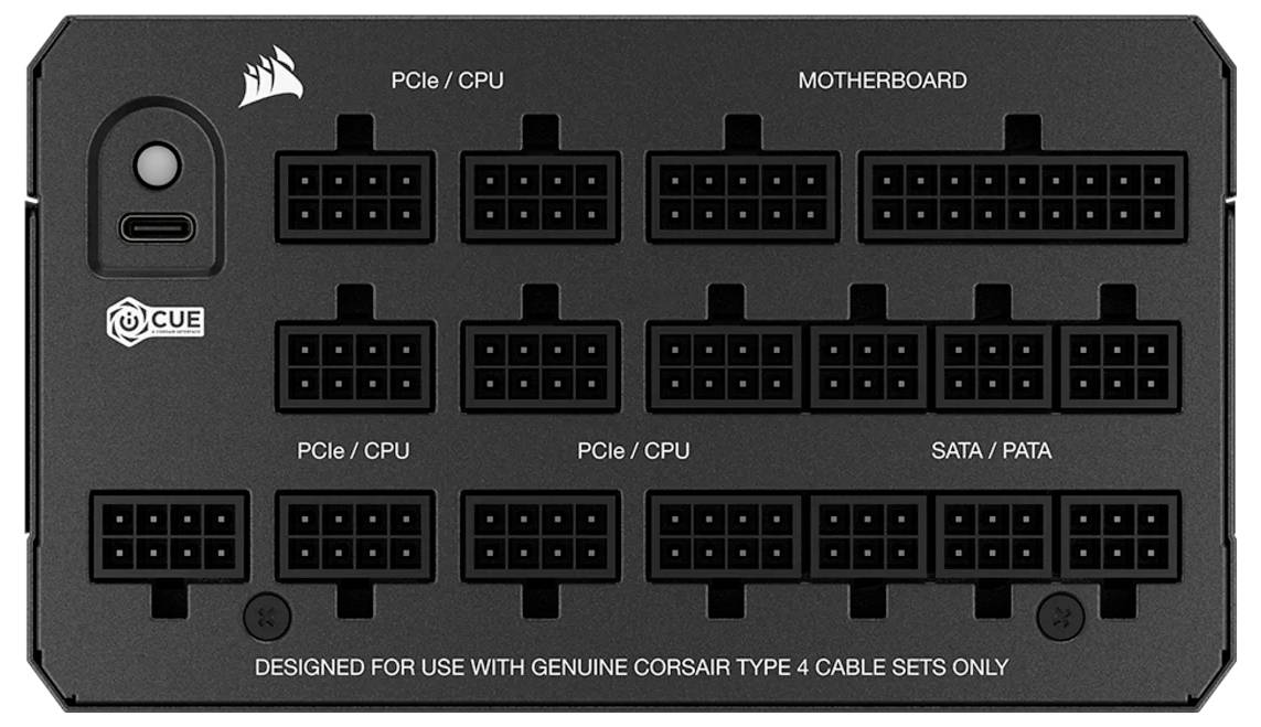 Zadní strana napájecího zdroje Corsair s různými konektory pro PCIe/CPU, základní desku a SATA/PATA. Poznámka ke kompatibilitě kabelů.