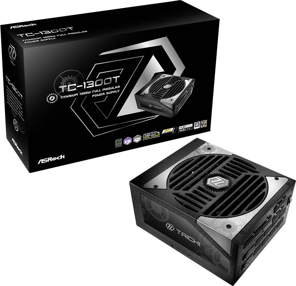 Černý, zcela modulární napájecí zdroj ASRock TC-1300T s velkou větrací mřížkou, prezentovaný vedle svého obalu.