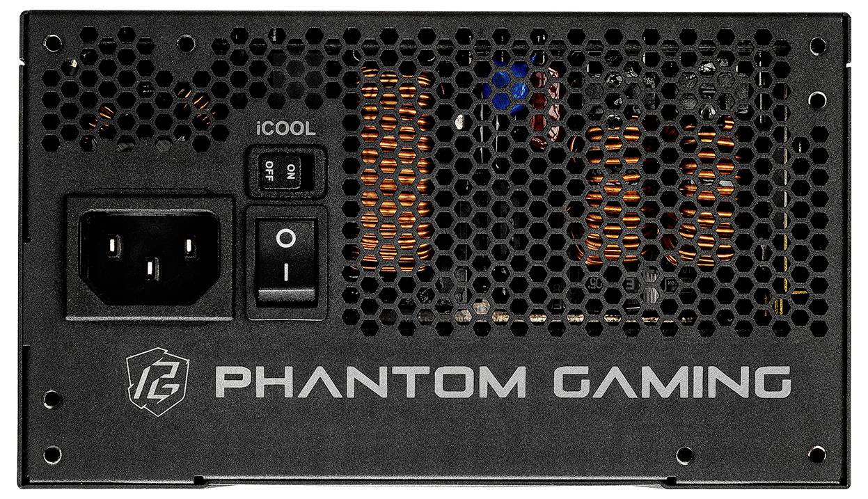 Externí pohled na napájecí zdroj herního počítače Phantom Gaming s větracími mřížkami, vypínačem a tlačítkem 'iCOOL'.