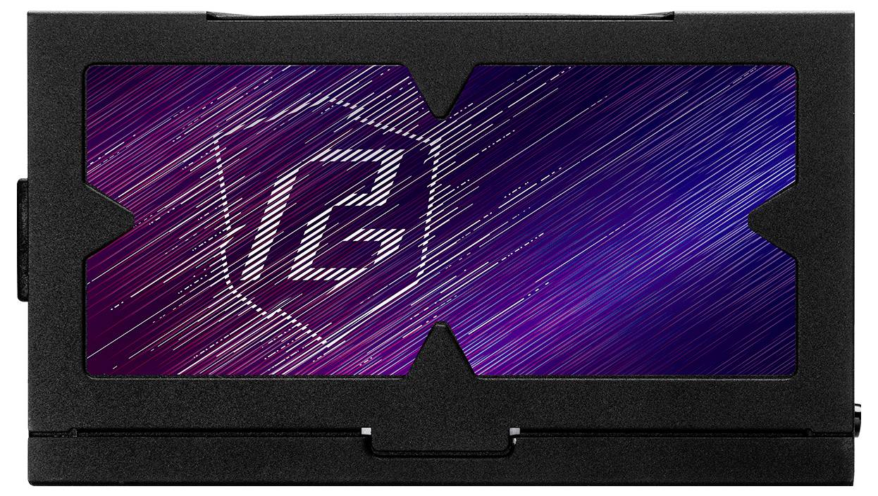 Grafická karta s geometrickým designem na povrchu a stylizovanými liniemi v modrých a fialových tónech.