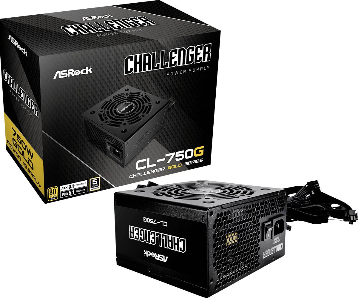 Síťový zdroj ASRock Challenger CL-750G Gold Series s výkonem 750W, certifikací 80 Plus Gold, zobrazuje produkt a obal.
