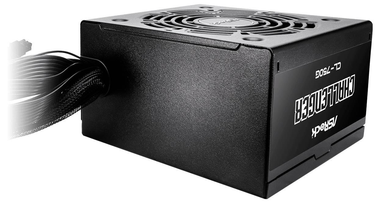 Černý počítačový napájecí zdroj (PSU) s několika kabely, ventilátor viditelný nahoře. Texty na krytu jsou místy obrácené.