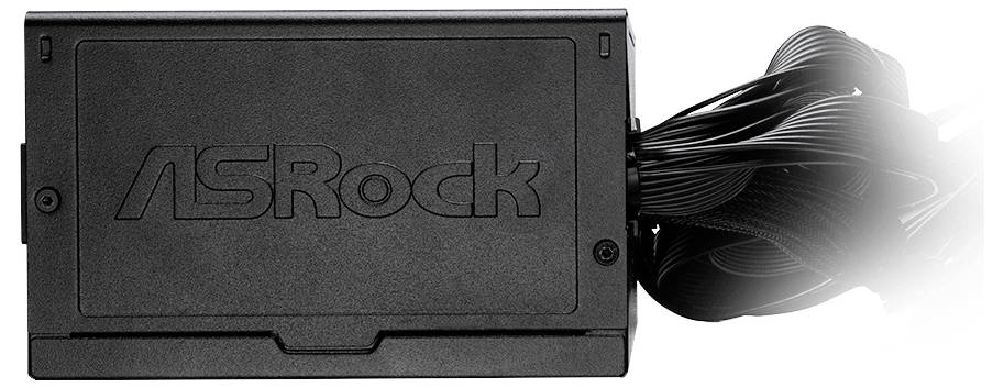 Napájecí zdroj od společnosti ASRock v černém šasi s kabelovými svazky na pravé straně.