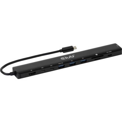 Rozbočovač USB-C s různými porty, včetně HDMI, USB-A, USB-C, čtečky SD karet. Kabel vlevo, logo značky uprostřed.