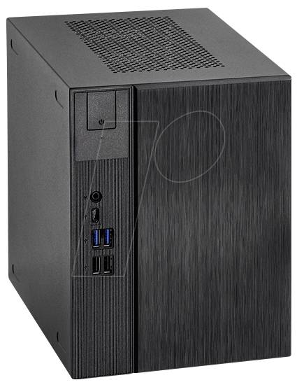 Černý počítačový desktop s elegantním předním panelem, který má několik USB portů, audio jack a vypínač umístěný na boku.
