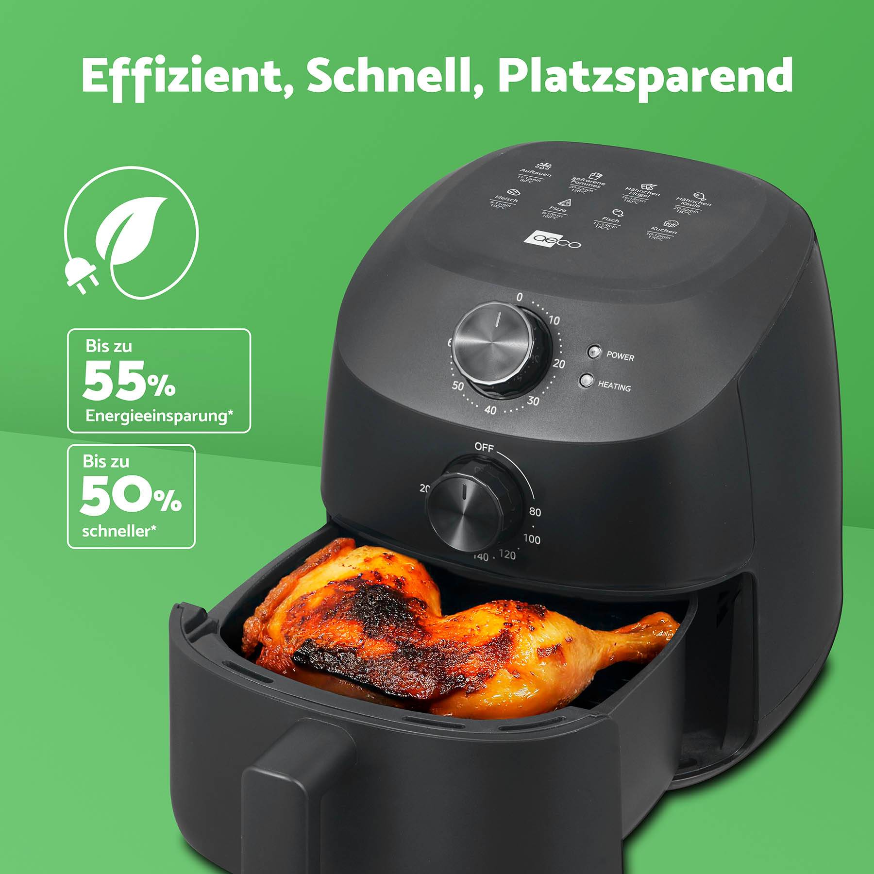 Černá horkovzdušná fritéza s kuřecím stehnem. Text: 'Efektivní, Rychlé, Úsporné'. Symboly úspory energie.