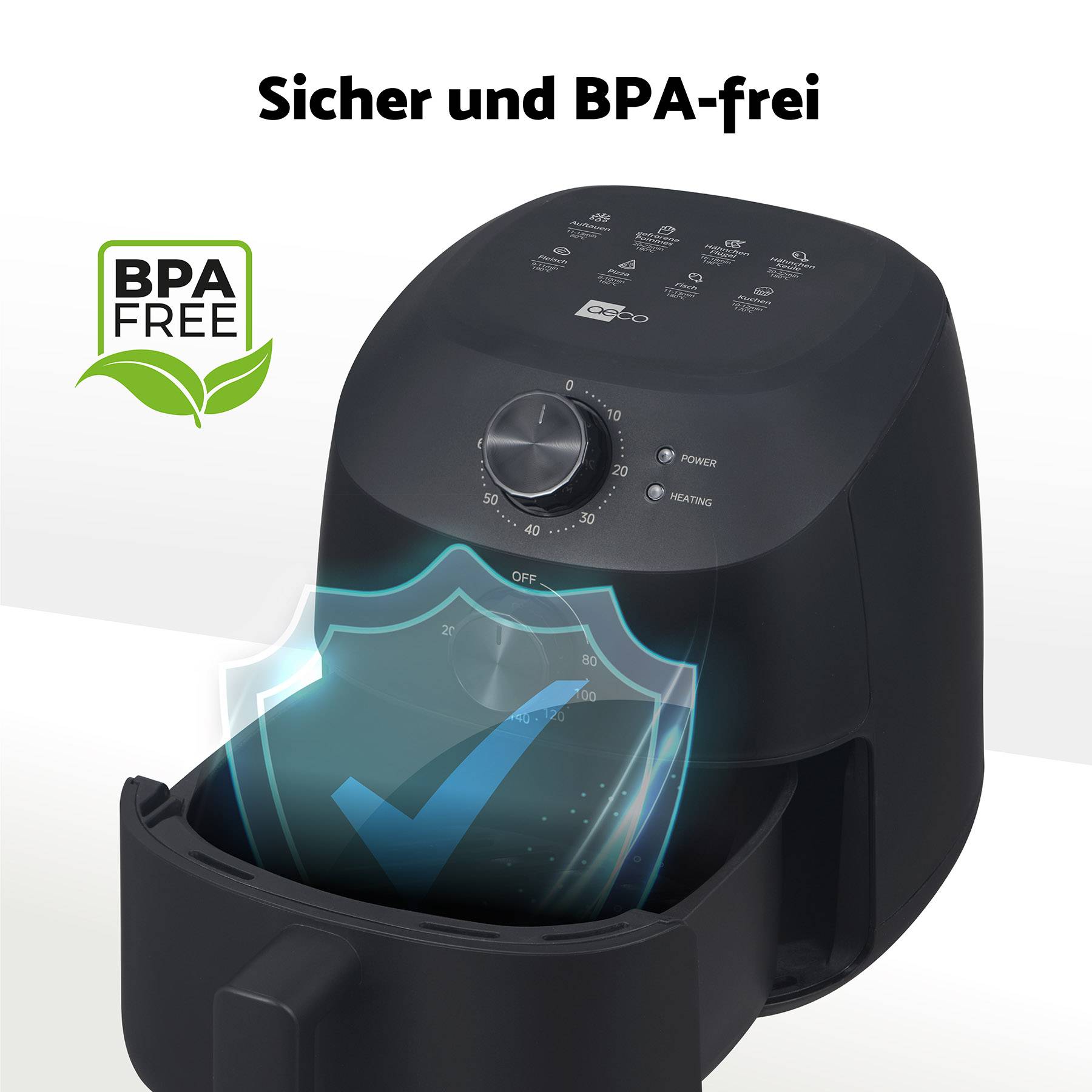 Černá horkovzdušná fritéza s logem bez BPA, digitálním displejem a modrou kontrolkou pro bezpečné vaření.