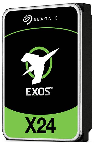 Pevný disk Seagate, model 'Exos X24' s černo-zeleným designem a stylizovaným logem vesmírné lodi na přední straně.
