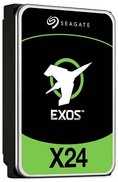 Pevný disk Seagate, model EXOS X24, v zeleno-černém designu.