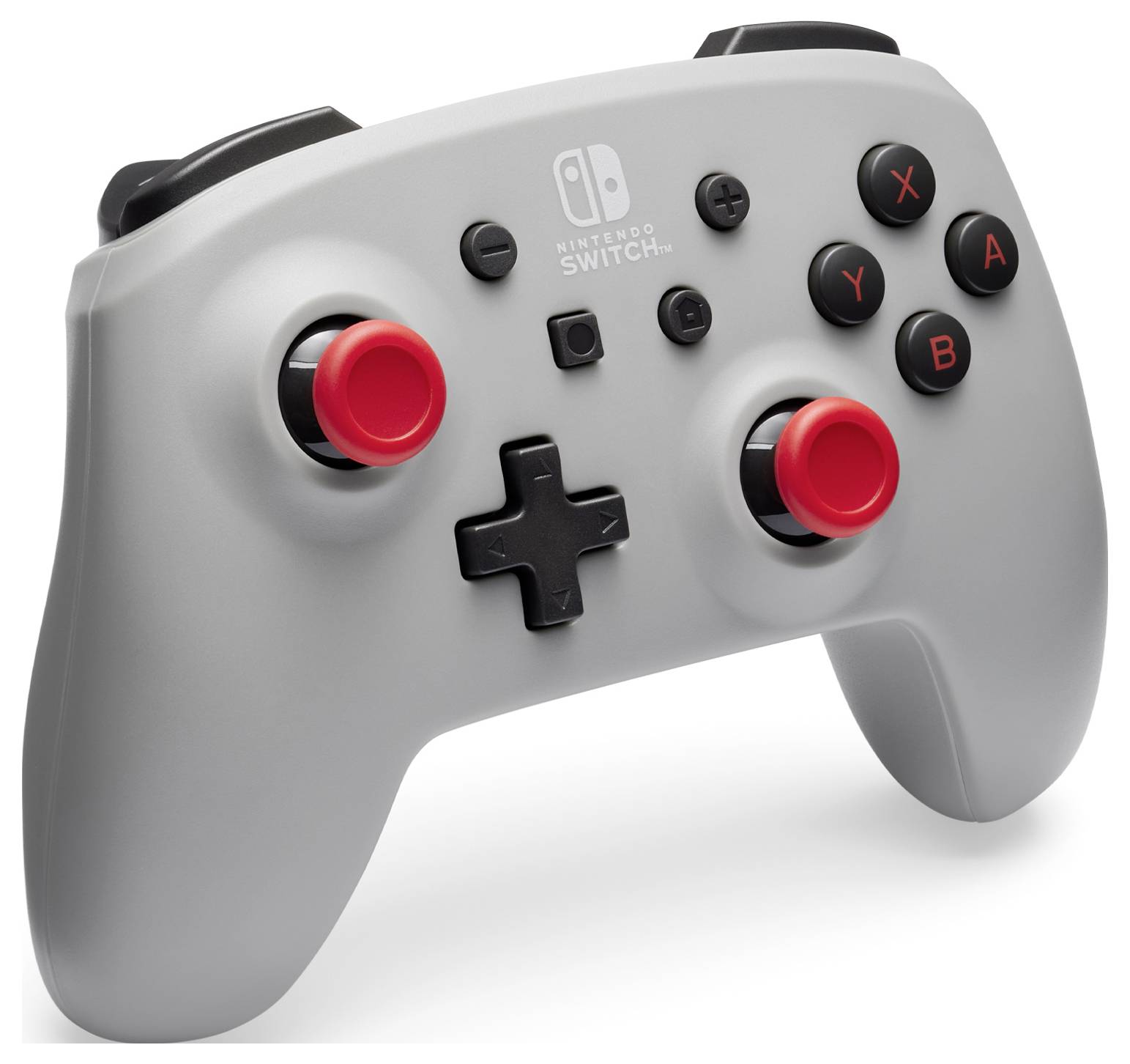 Šedý herní ovladač s červenými joysticky a barevnými klávesami písmen 'X', 'A', 'B', 'Y'. Vhodný pro Nintendo Switch.