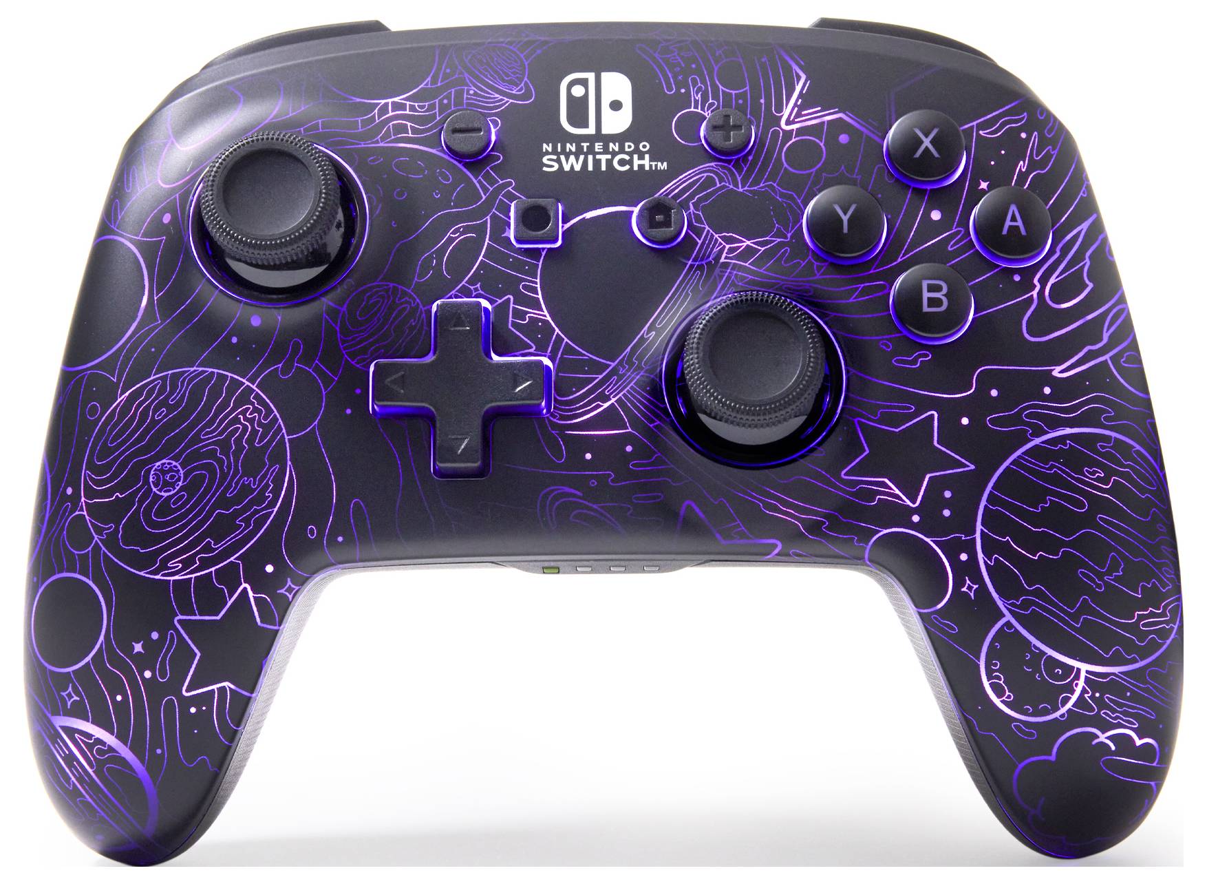 Černý Nintendo Switch ovladač s fialovými kosmickými kresbami, několika tlačítky a ovládacími prvky. Hravý design s vesmírným motivem.