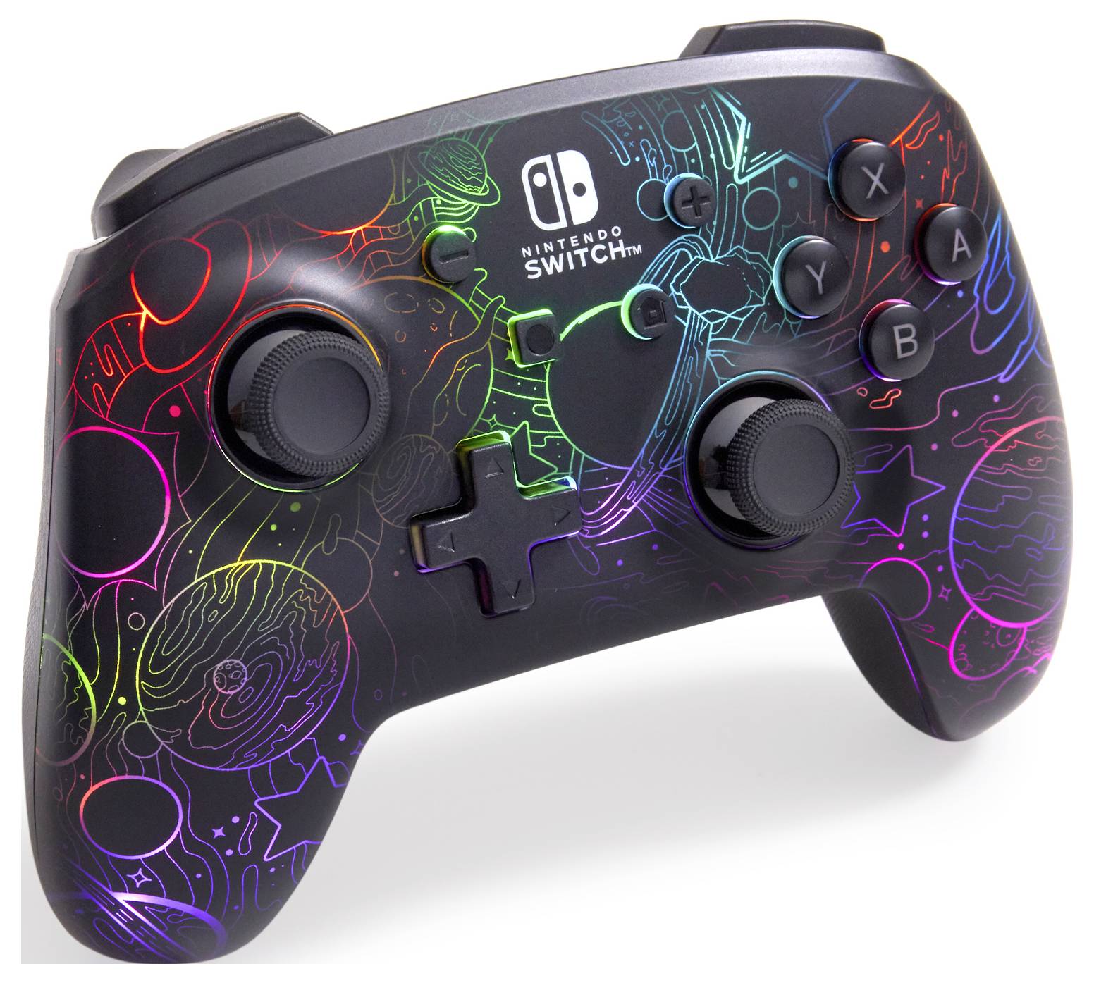 Černý ovladač Nintendo Switch s barevnými, zářícími motivy galaxie a dvěma joysticky.