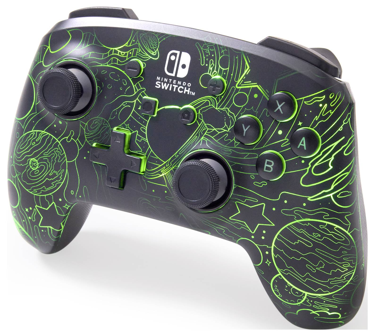 Herní ovladač Nintendo Switch s designem inspirovaným vesmírem v zelené barvě. Jsou viditelná ovládací tlačítka a logo Nintendo Switch.