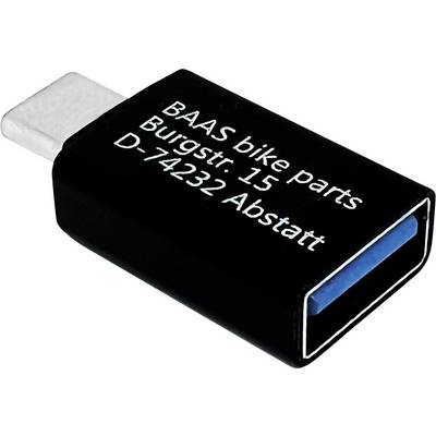 'USB adaptér s nápisem: BAAS bike parts, Burgstr. 15, D-74232 Abstatt.'