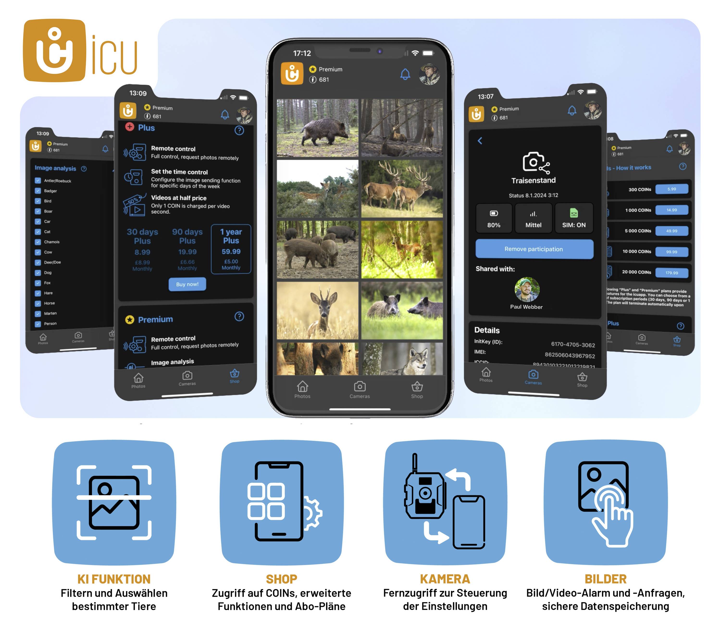 Mobilní rozhraní aplikace s obrázky zvířat na smartphonech. Pod nimi jsou ikony pro AI funkci, obchod, fotoaparát a ukládání obrázků.