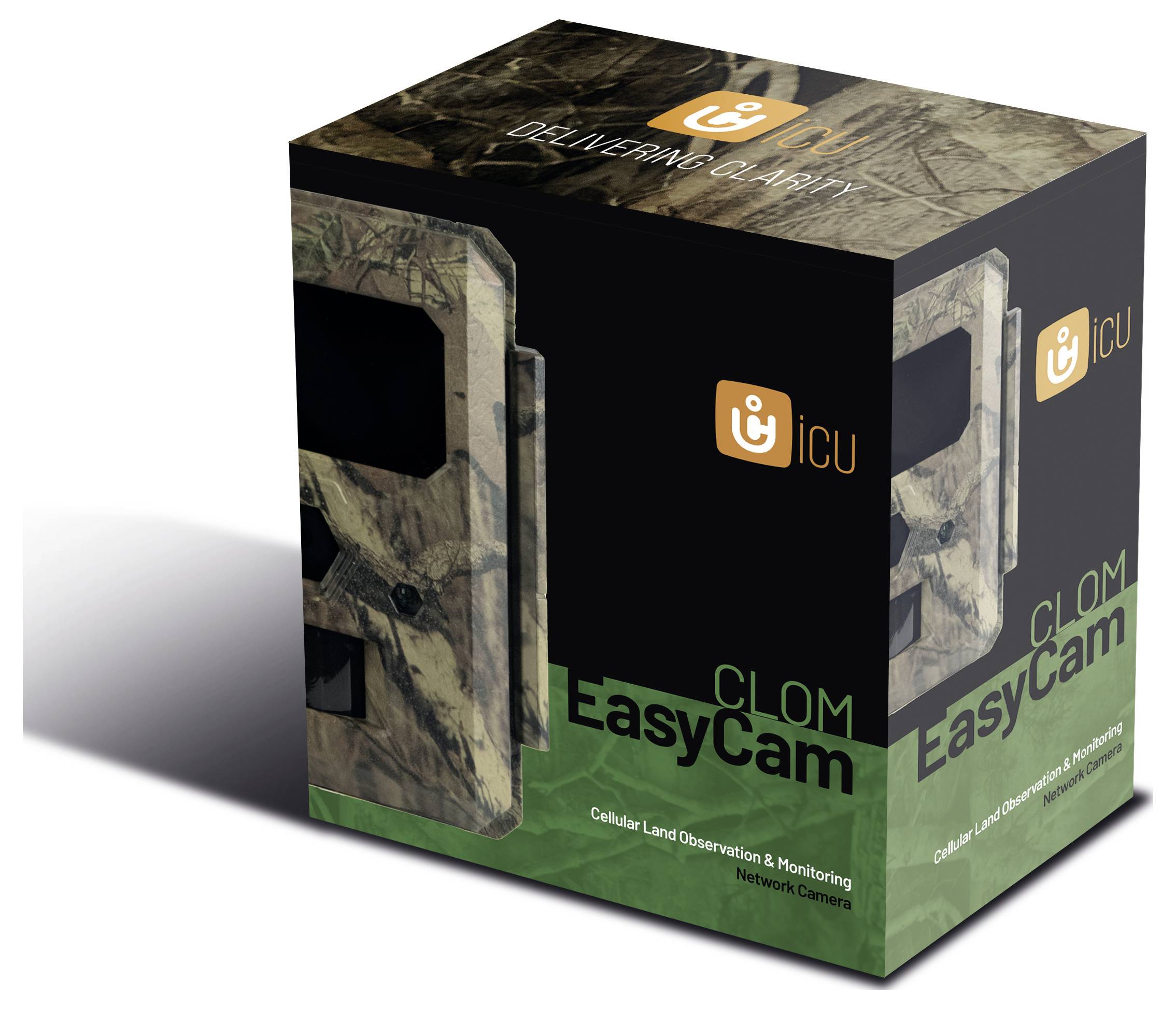 Produktový obal bezpečnostní kamery s maskáčovým vzorem. Potisk: 'ICU EasyCam' pro pozemní sledování a monitorování.