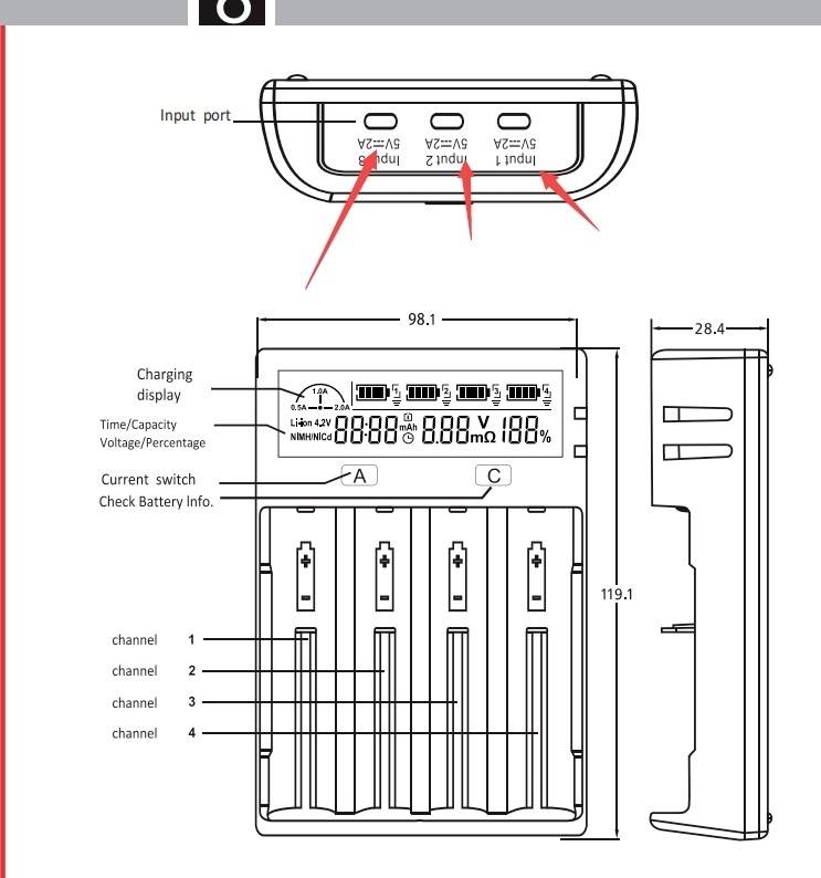 Diagram nabíječky baterií se čtyřmi nabíjecími místy. Zobrazuje indikátor stavu nabití, nastavení proudu a napětí a ovládací tlačítka.