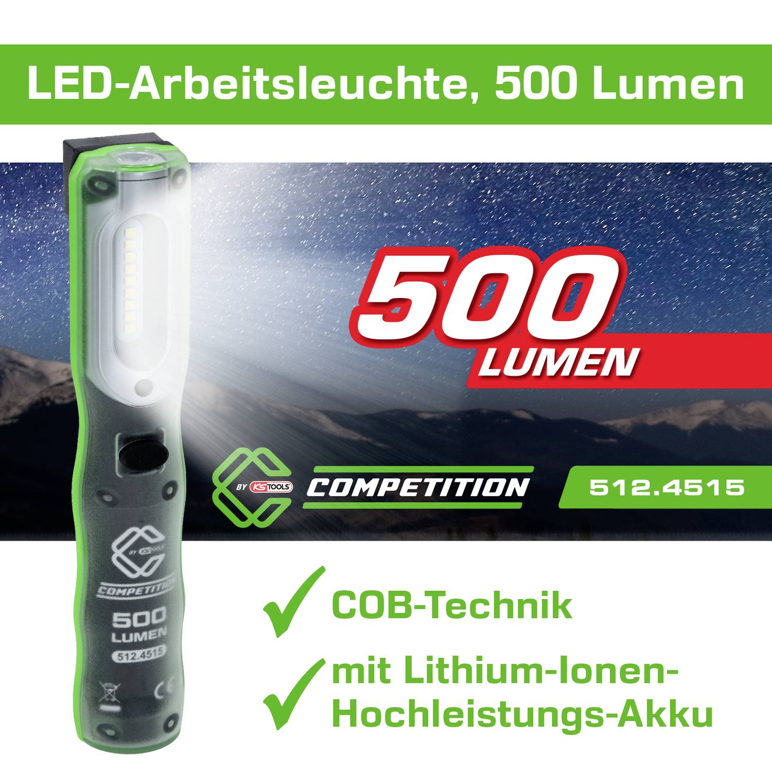 LED pracovní svítilna, 500 lumenů, s hvězdným pozadím; zvýrazněné funkce: COB technologie, lithium-iontová baterie. Značka 'COMPETITION'.