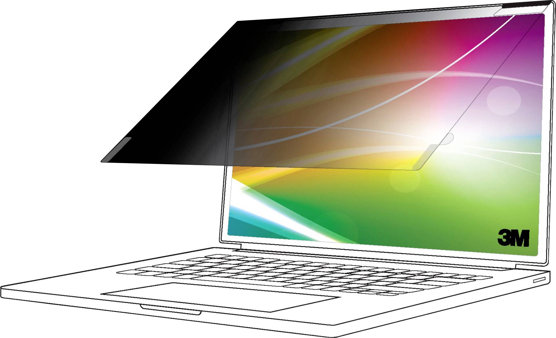 Laptop s částečně černým filtrem obrazovky, který zvyšuje ochranu před zvědavými pohledy a soukromí při používání zařízení.