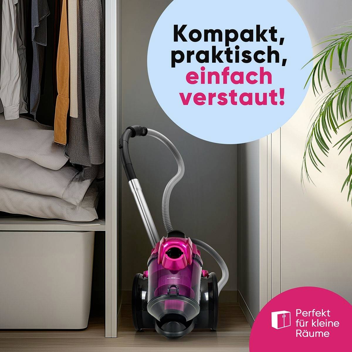 Vysavač uložený v malé skříňce. Text: 'Kompaktní, praktický, snadno uskladnitelný!' Ideální pro malé prostory.
