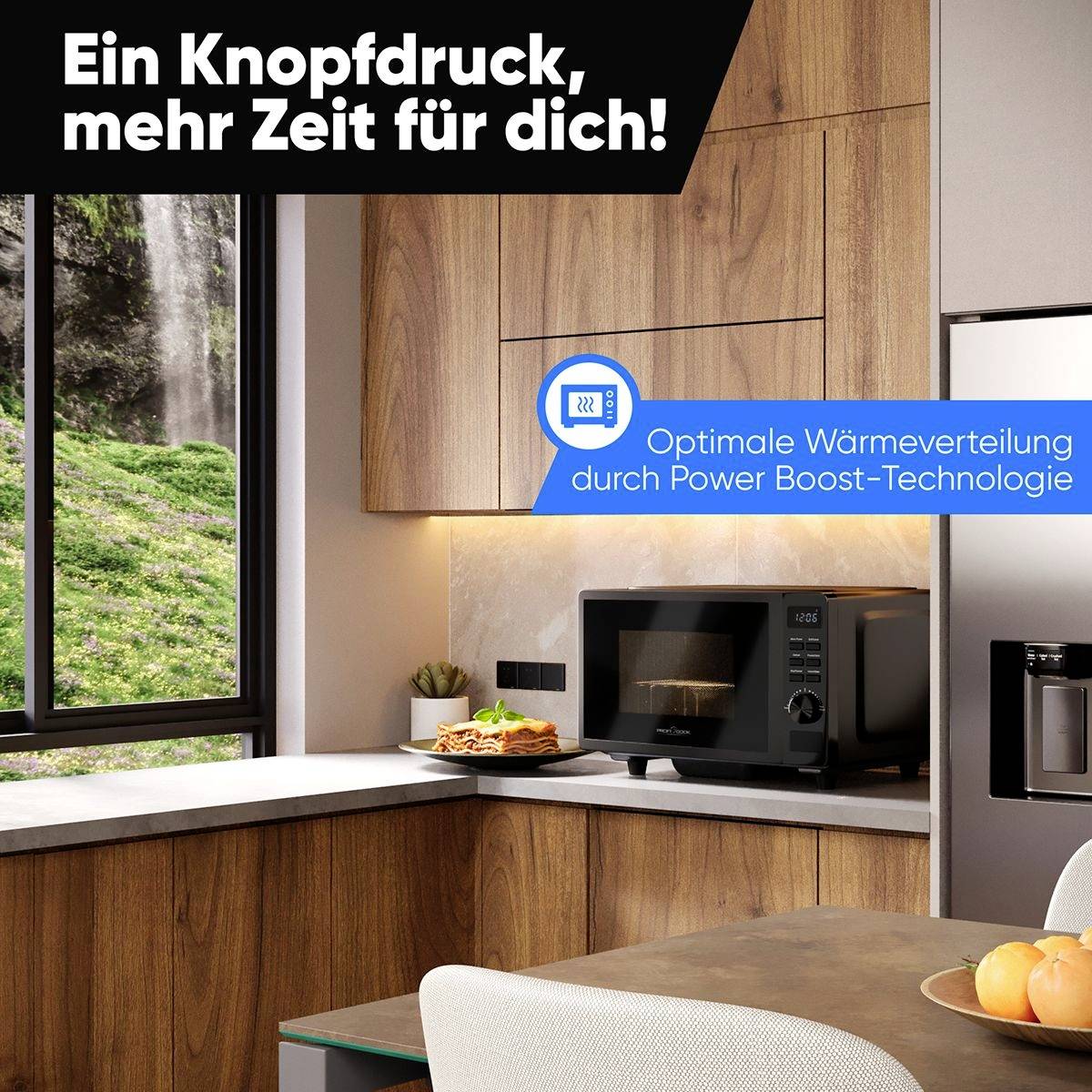 Moderní kuchyň s mikrovlnkou. Text: Jeden stisk, více času pro vás! Optimální rozložení tepla díky technologii Power Boost.