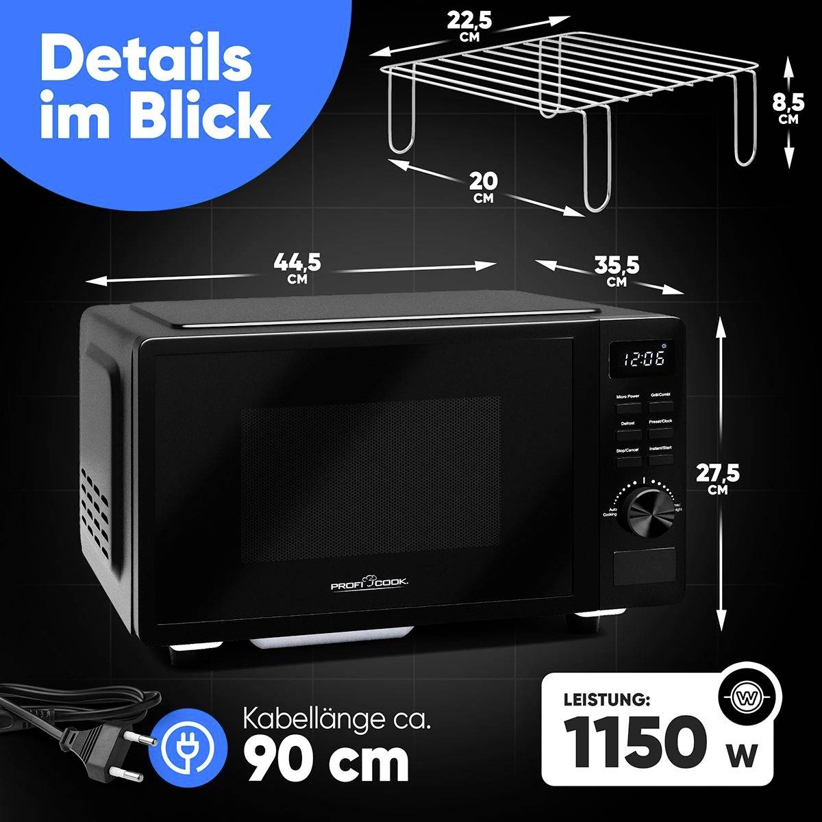 Černá mikrovlnná trouba s digitálními tlačítky a displejem. Rozměry: Š: 44,5 cm, H: 35,5 cm, V: 27,5 cm. Příkon: 1150 W. Délka kabelu: 90 cm.